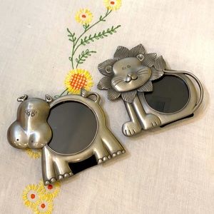 Vintage Fetco Set Of 2 Pewter Jungle Theme Circle Picture Frames Hippo And Lion